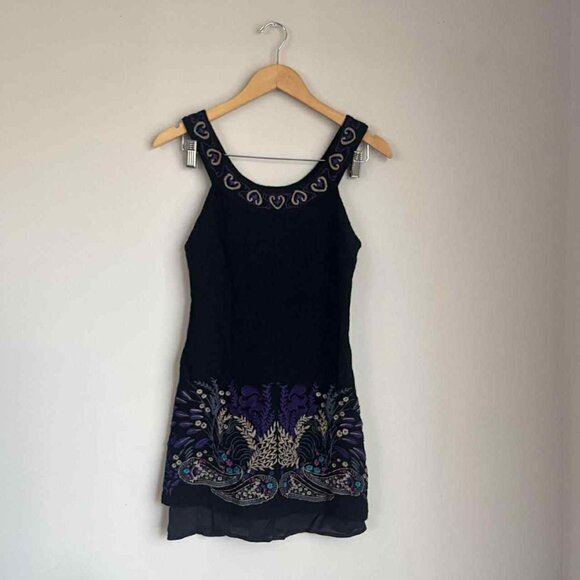 Free People Wool Embroidered Black Mini Dress Size 0 XS - Picture 1 of 5